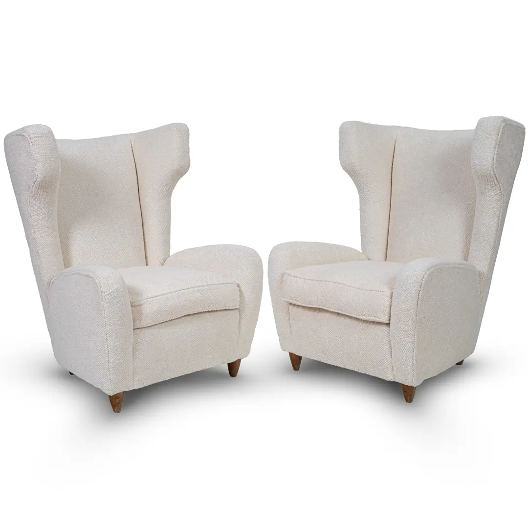 pair of Paolo Buffa white  bouclette high wingback  Bergere armchairs, 1950 — image 2