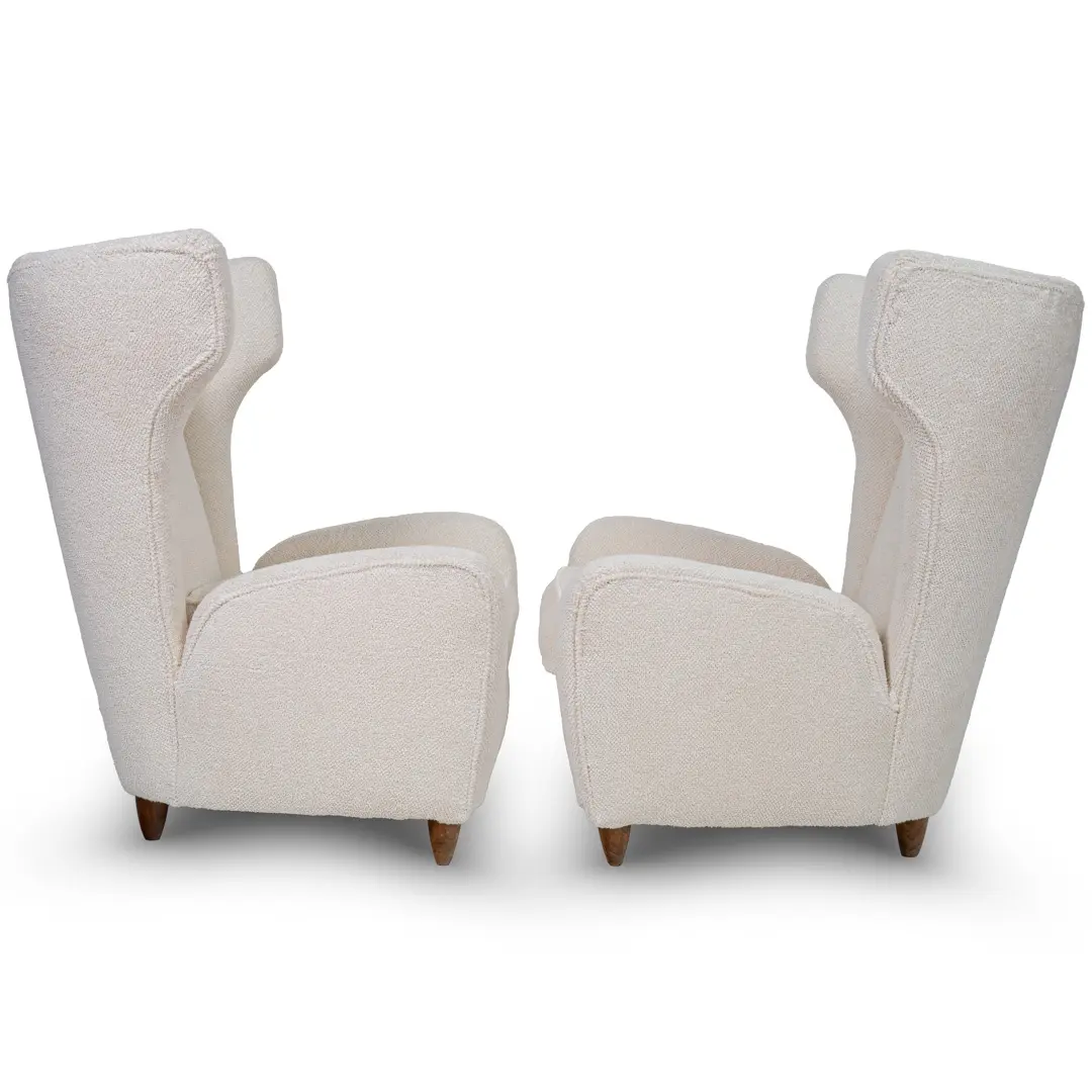 pair of Paolo Buffa white  bouclette high wingback  Bergere armchairs, 1950 — image 3