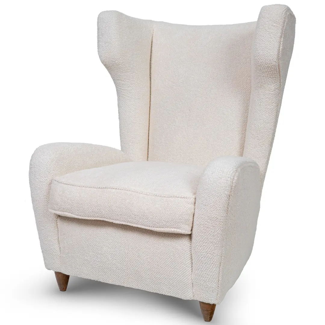 pair of Paolo Buffa white  bouclette high wingback  Bergere armchairs, 1950 — photo 5