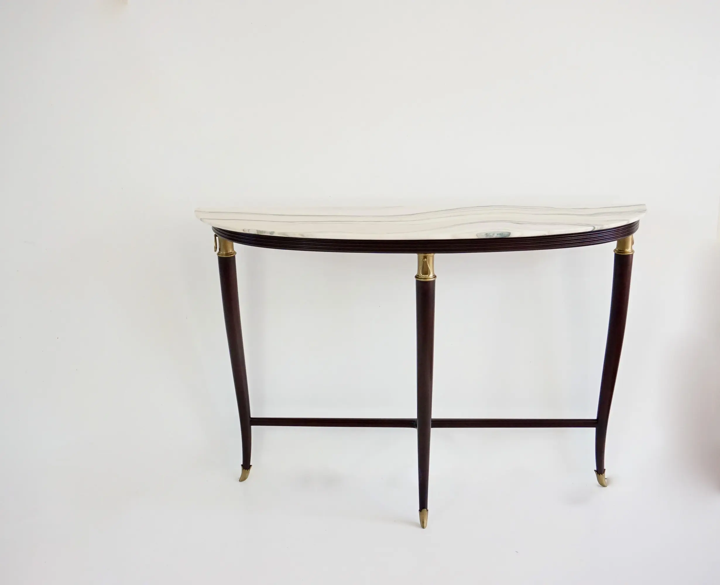 large Paolo Buffa demi-lune console, marble top, bronze details, three feet 1940 — image 2