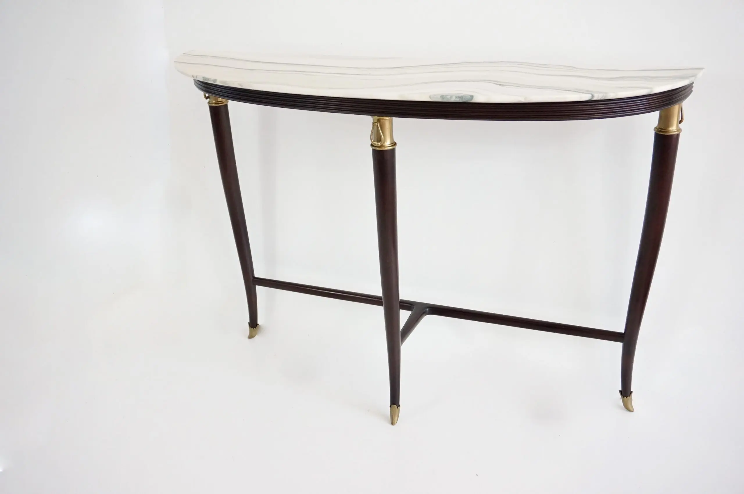 large Paolo Buffa demi-lune console, marble top, bronze details, three feet 1940 — image 3