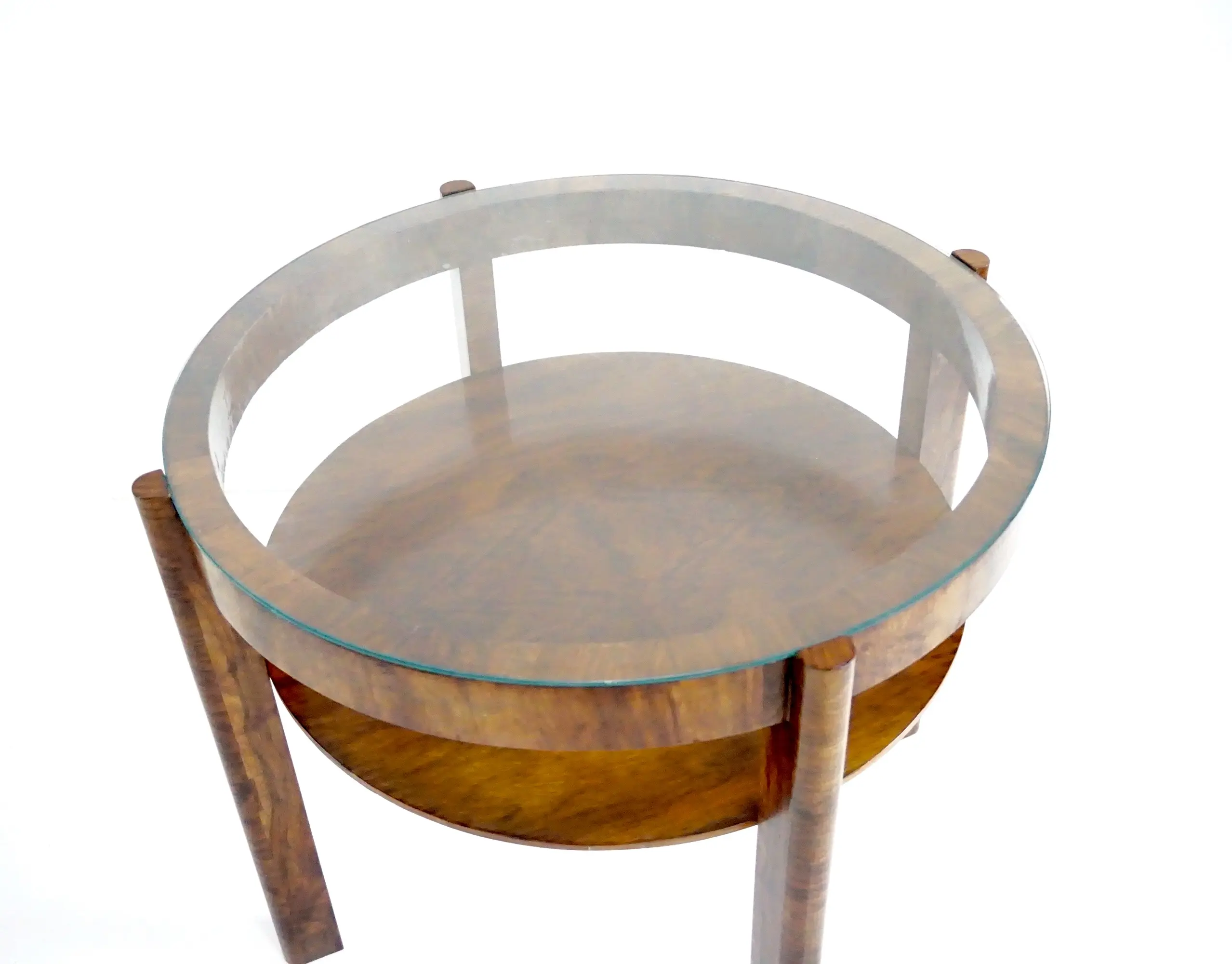 Osvaldo Borsani round walnut root deco coffee table, bi shelves, glass top, 1931 — photo 5