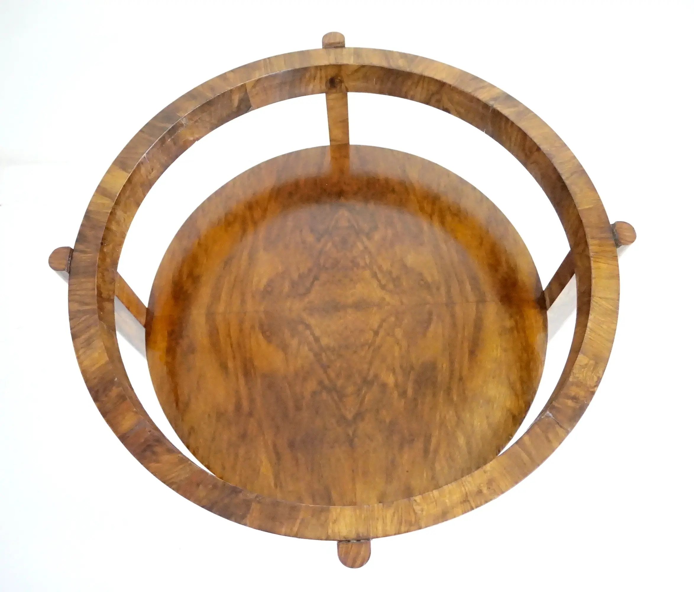 Osvaldo Borsani round walnut root deco coffee table, bi shelves, glass top, 1931 — photo 13