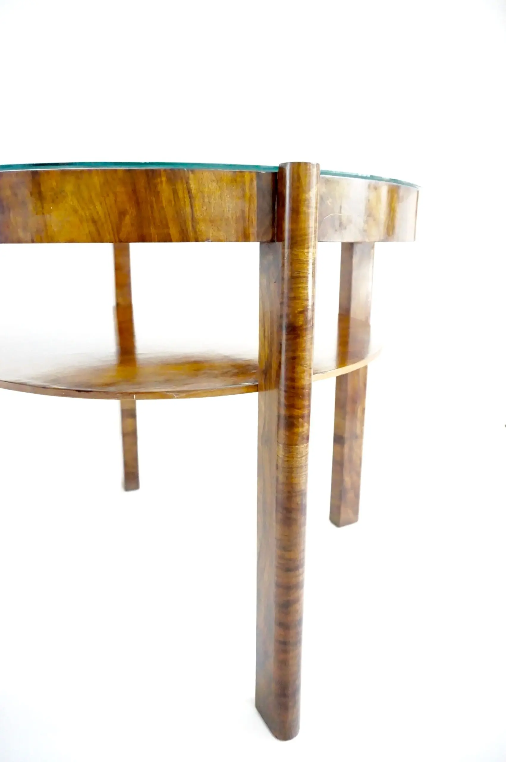 Osvaldo Borsani round walnut root deco coffee table, bi shelves, glass top, 1931 — photo 4
