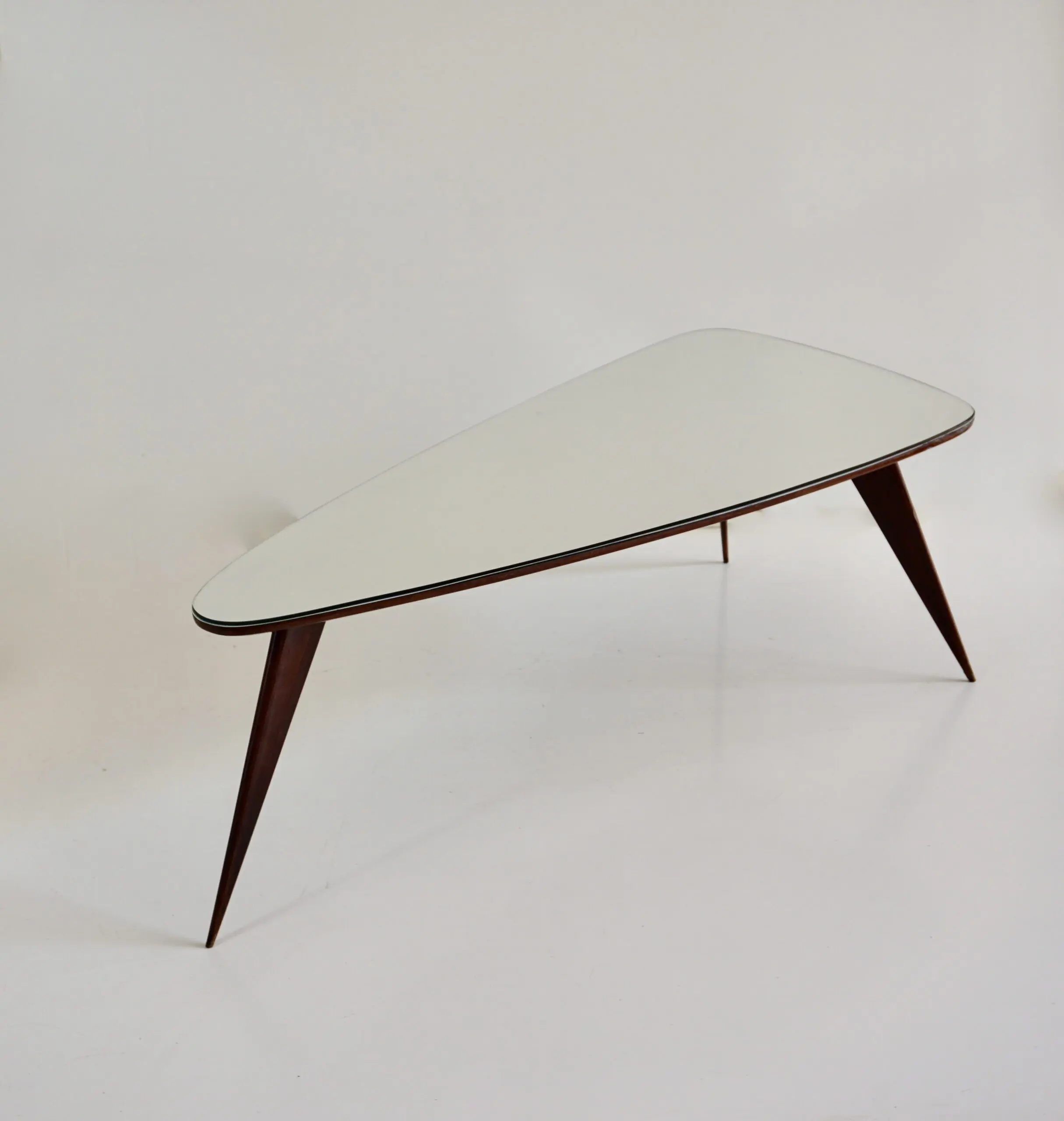 large Cesare Lacca walnut coffee table, three feet irregular shape, mirrored top — image 2