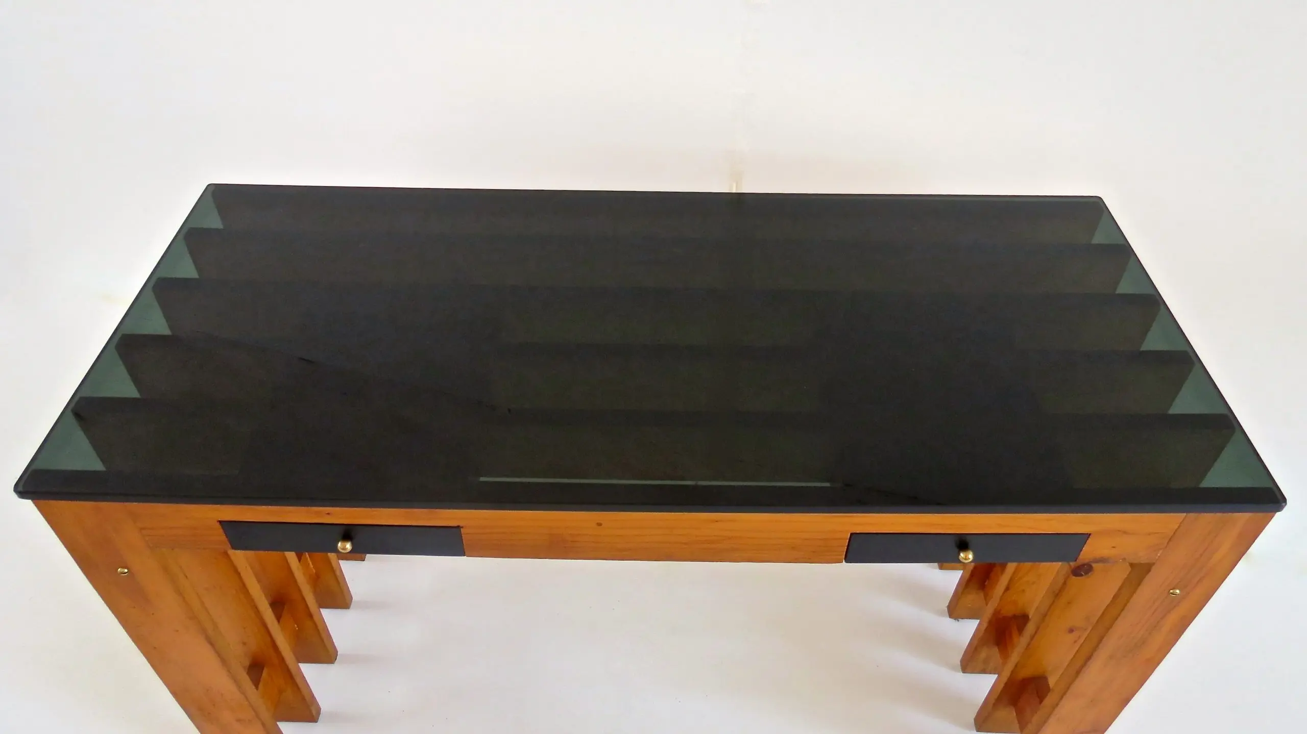 Italian Unique Pine Desk Console Black Opaline Glass Top, 1960 — photo 6