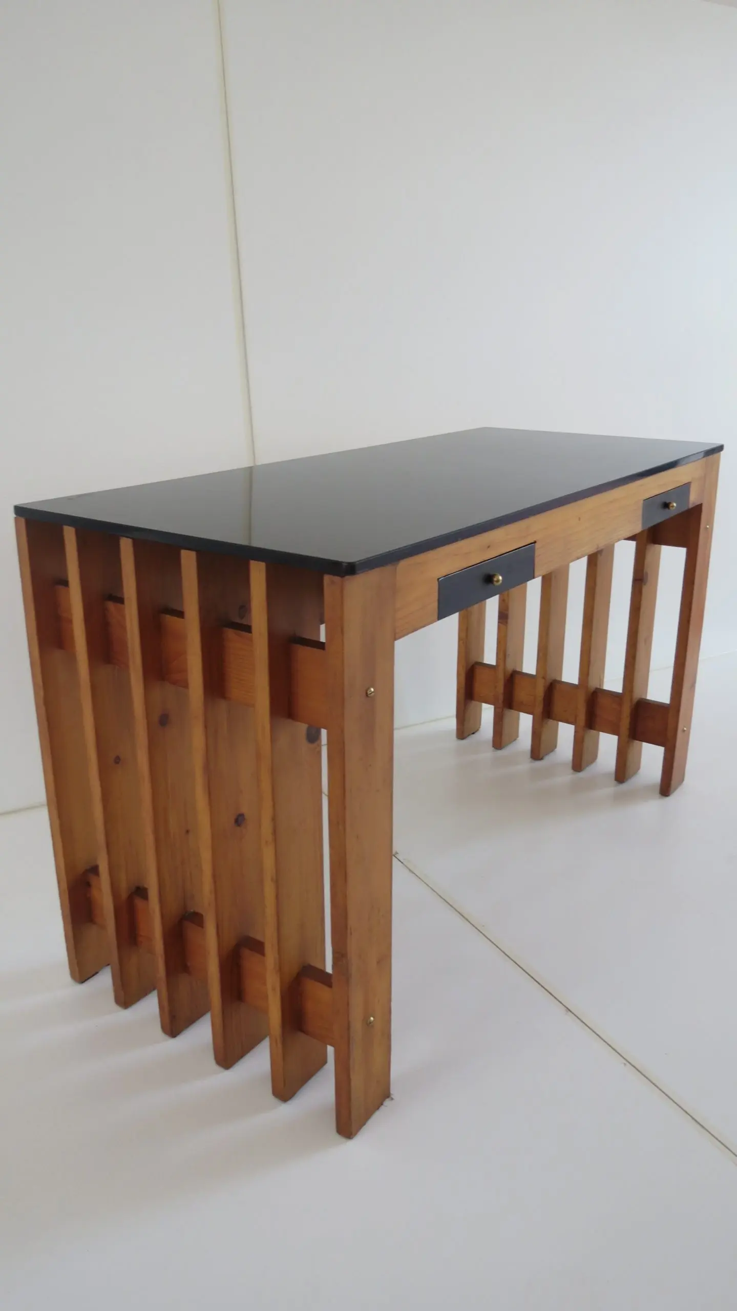 Italian Unique Pine Desk Console Black Opaline Glass Top, 1960 — photo 8