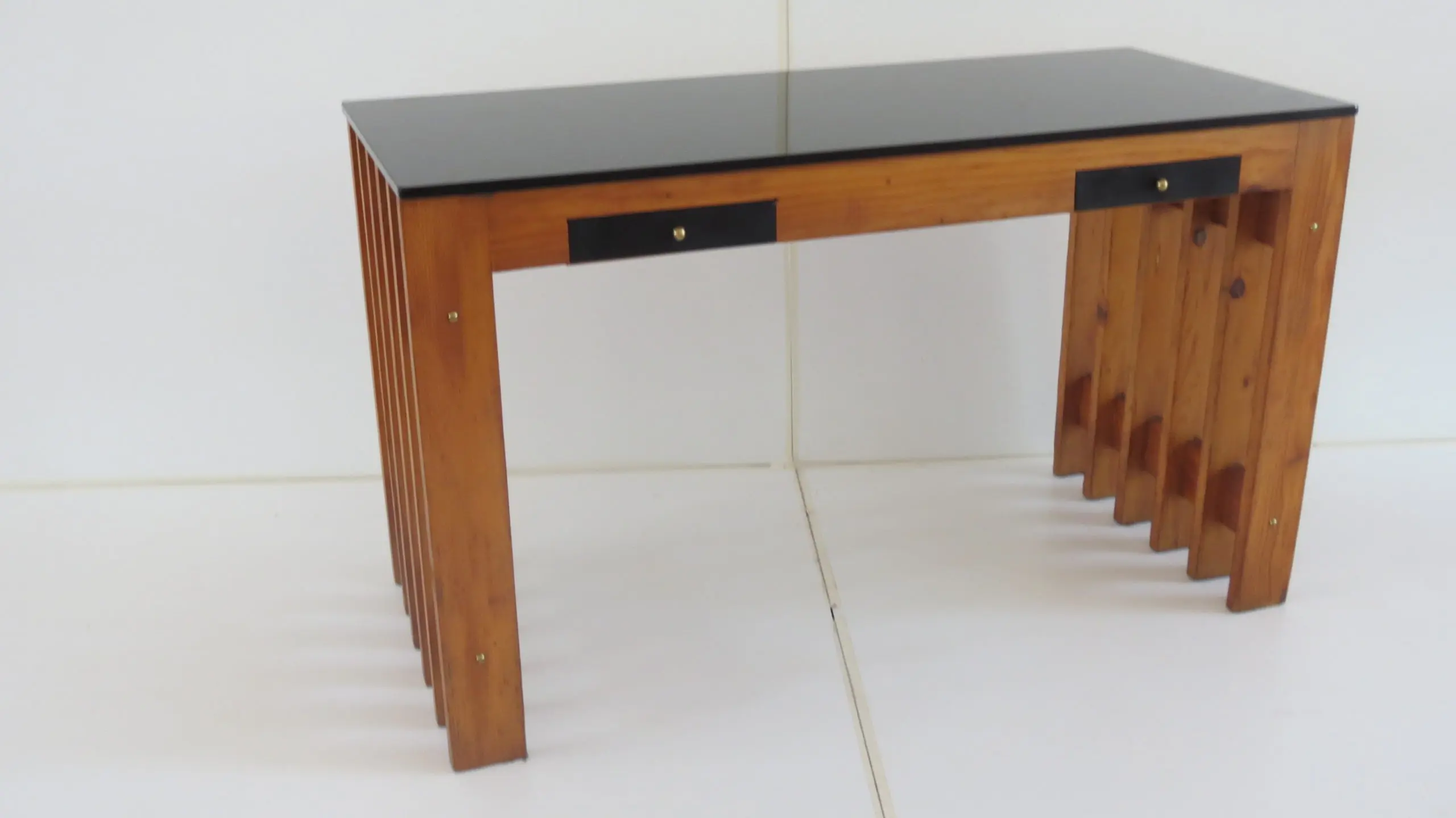 Italian Unique Pine Desk Console Black Opaline Glass Top, 1960 — photo 4
