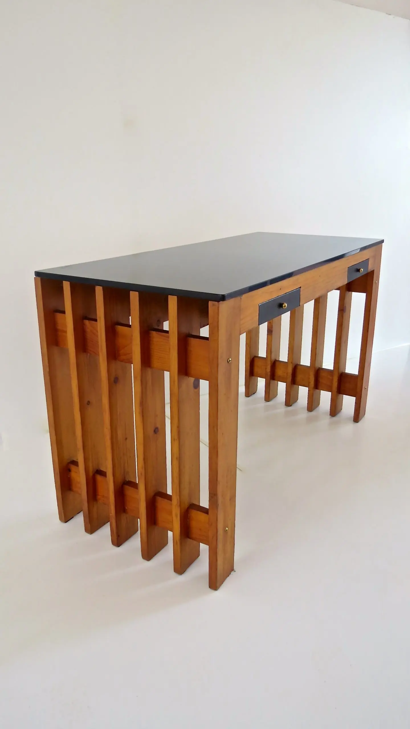 Italian Unique Pine Desk Console Black Opaline Glass Top, 1960 — photo 7