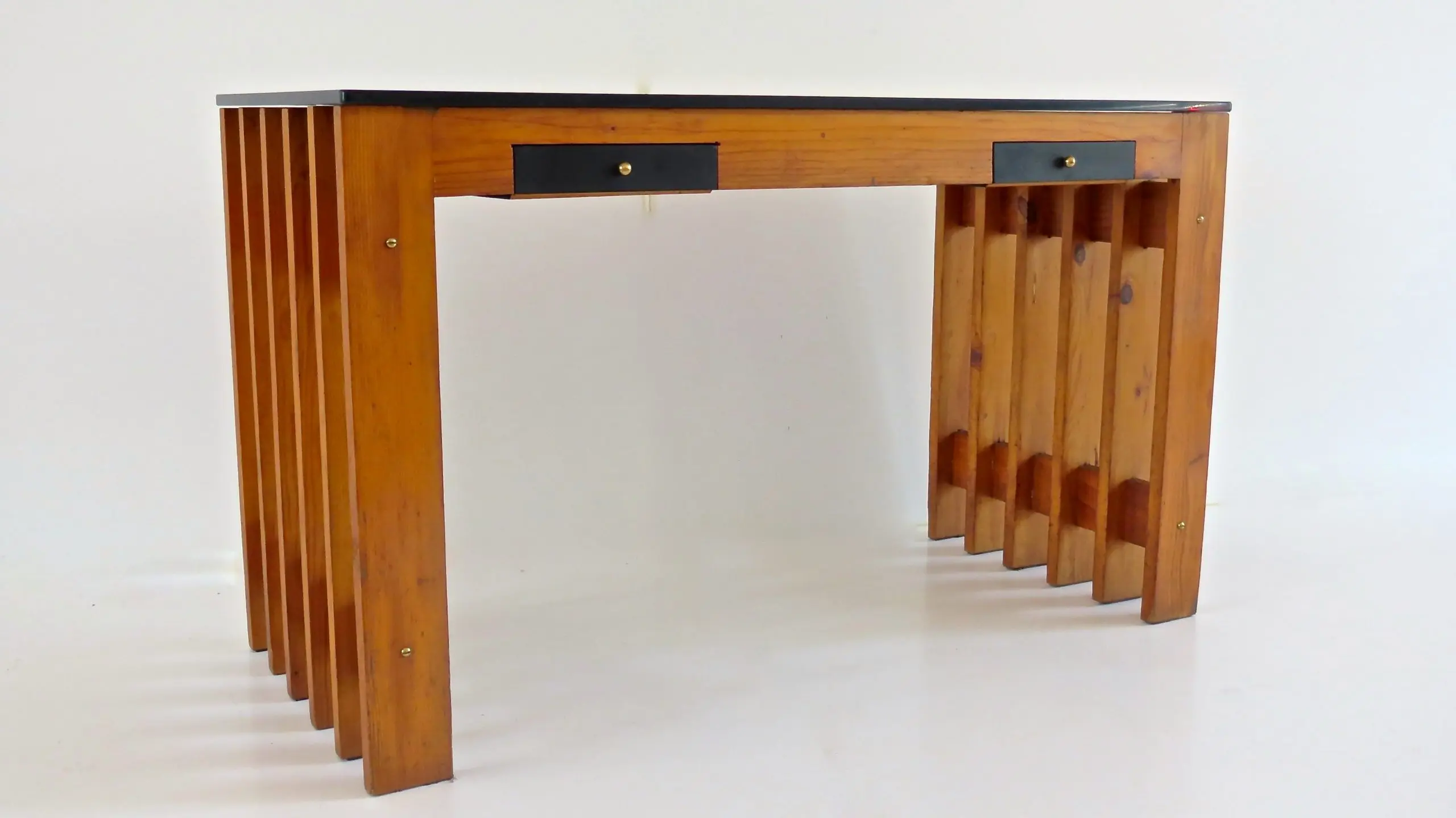Italian Unique Pine Desk Console Black Opaline Glass Top, 1960 — image 2
