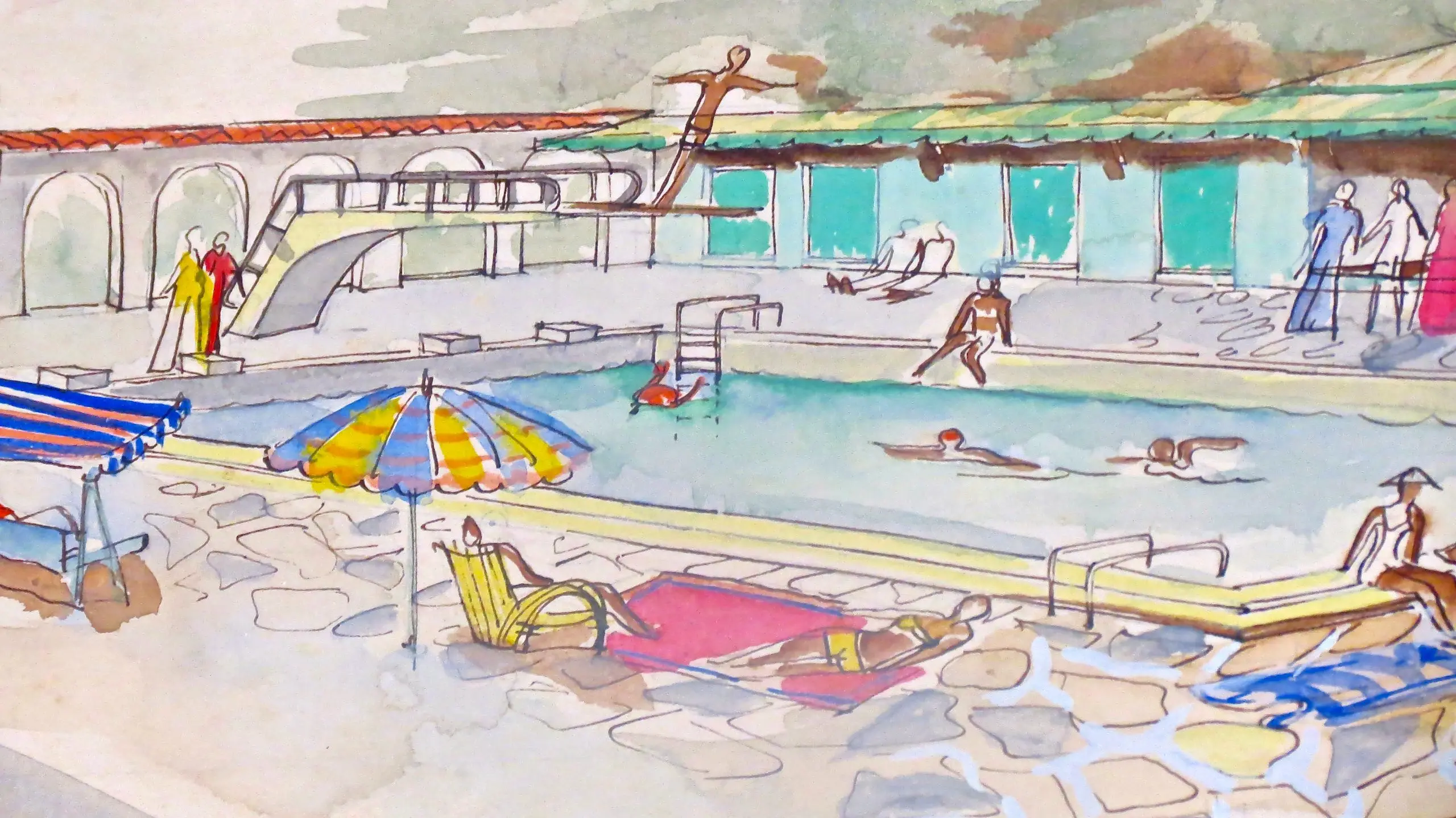 Watercolors on Paper "Piscina Al Forte Dei Marmi" Maurizio Tempestini, 1939 — image 1